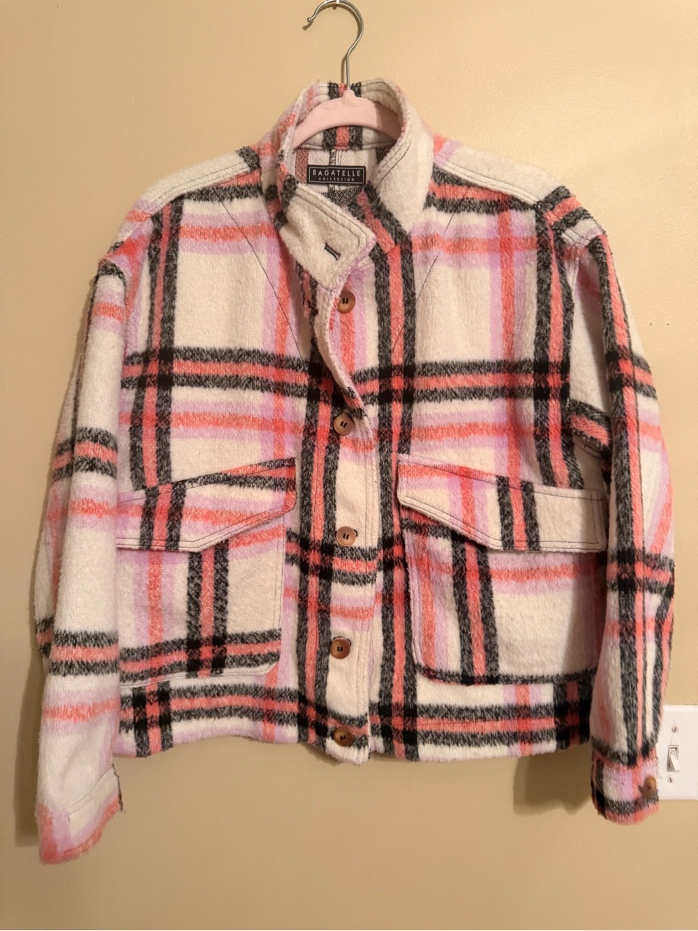 bagatelle Cream and Pink Plaid Button-Front Utility Jacket
